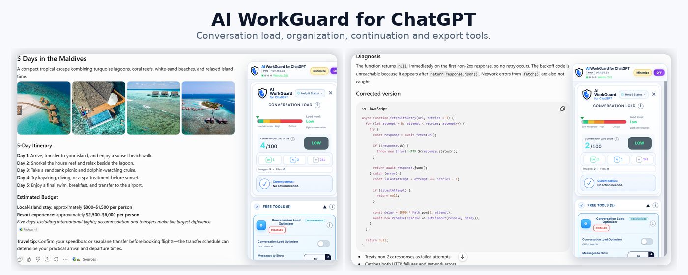 AI WorkGuard for ChatGPT interface showing conversation load and long-chat productivity tools