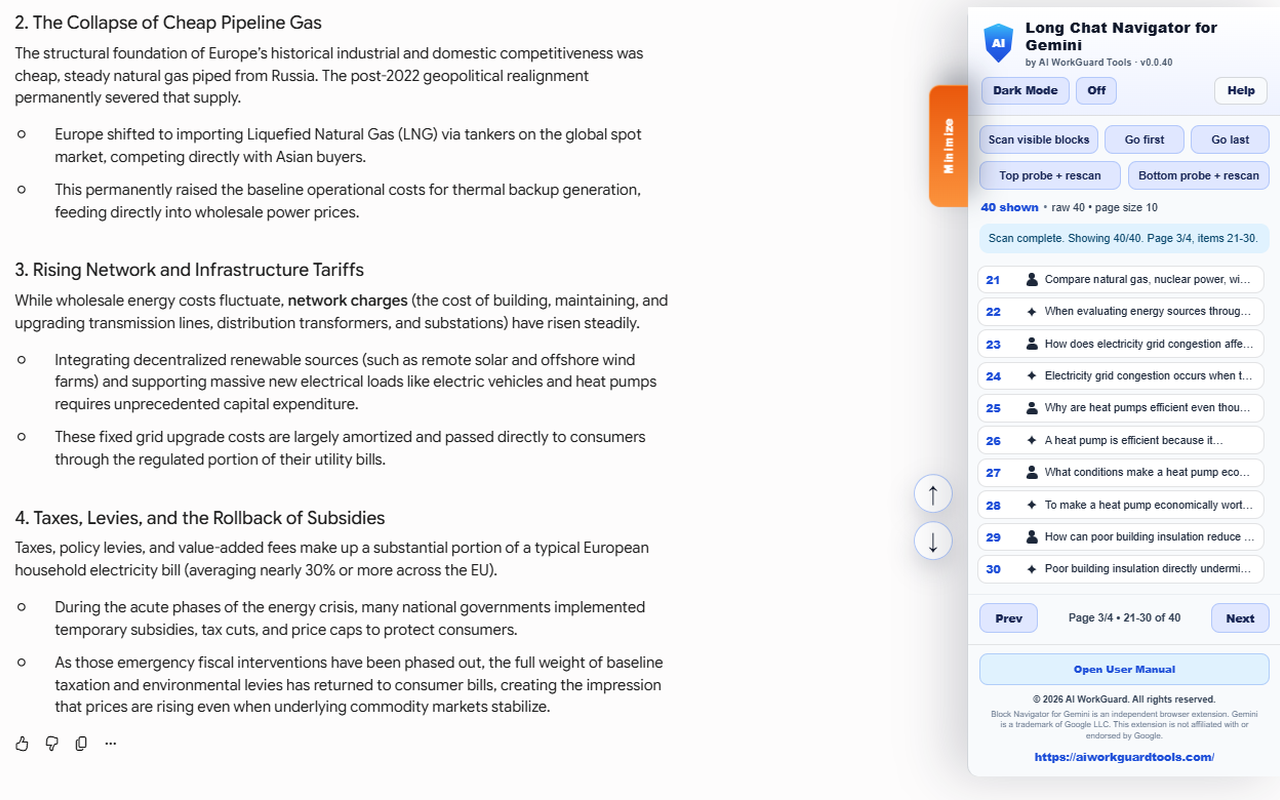 Long Chat Navigator for Gemini version 0.0.40 showing 40 detected conversation blocks in Light Mode
