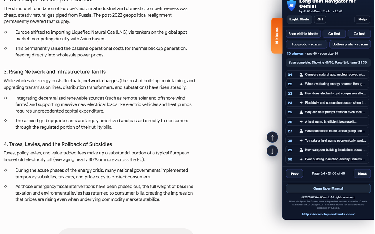 Long Chat Navigator for Gemini version 0.0.40 showing 40 detected conversation blocks in Dark Mode